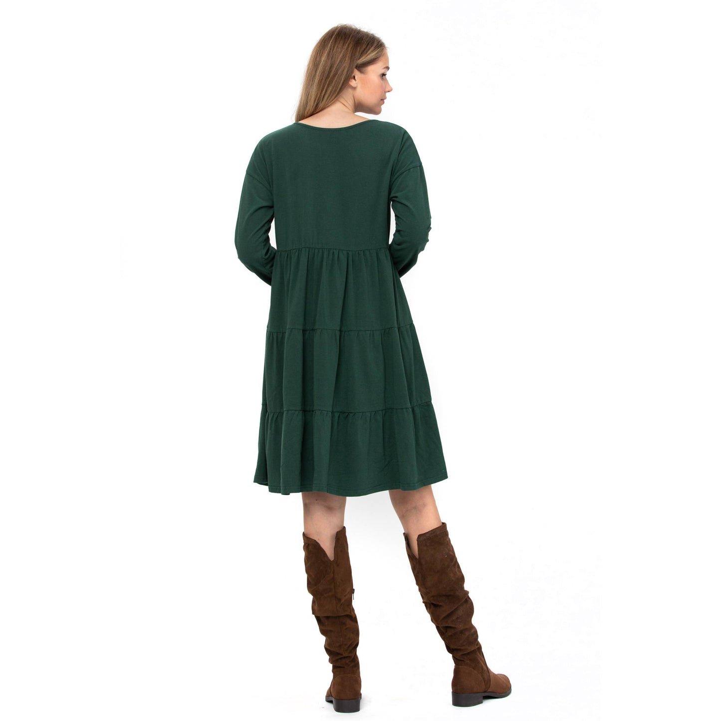 3 Tiered Casual Flared Cotton Mini Dress Long Sleeve: Teal