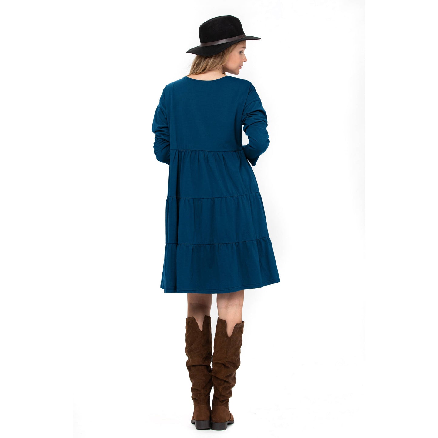 3 Tiered Casual Flared Cotton Mini Dress Long Sleeve: Teal