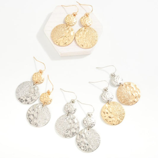 Linked multi textured metal disk drop earrings