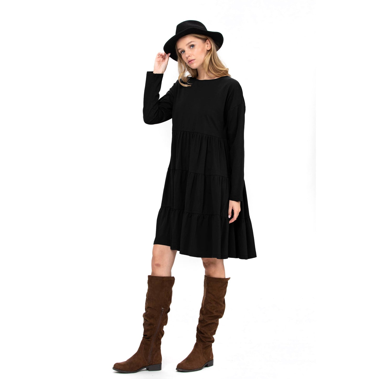 3 Tiered Casual Flared Cotton Mini Dress Long Sleeve: Teal