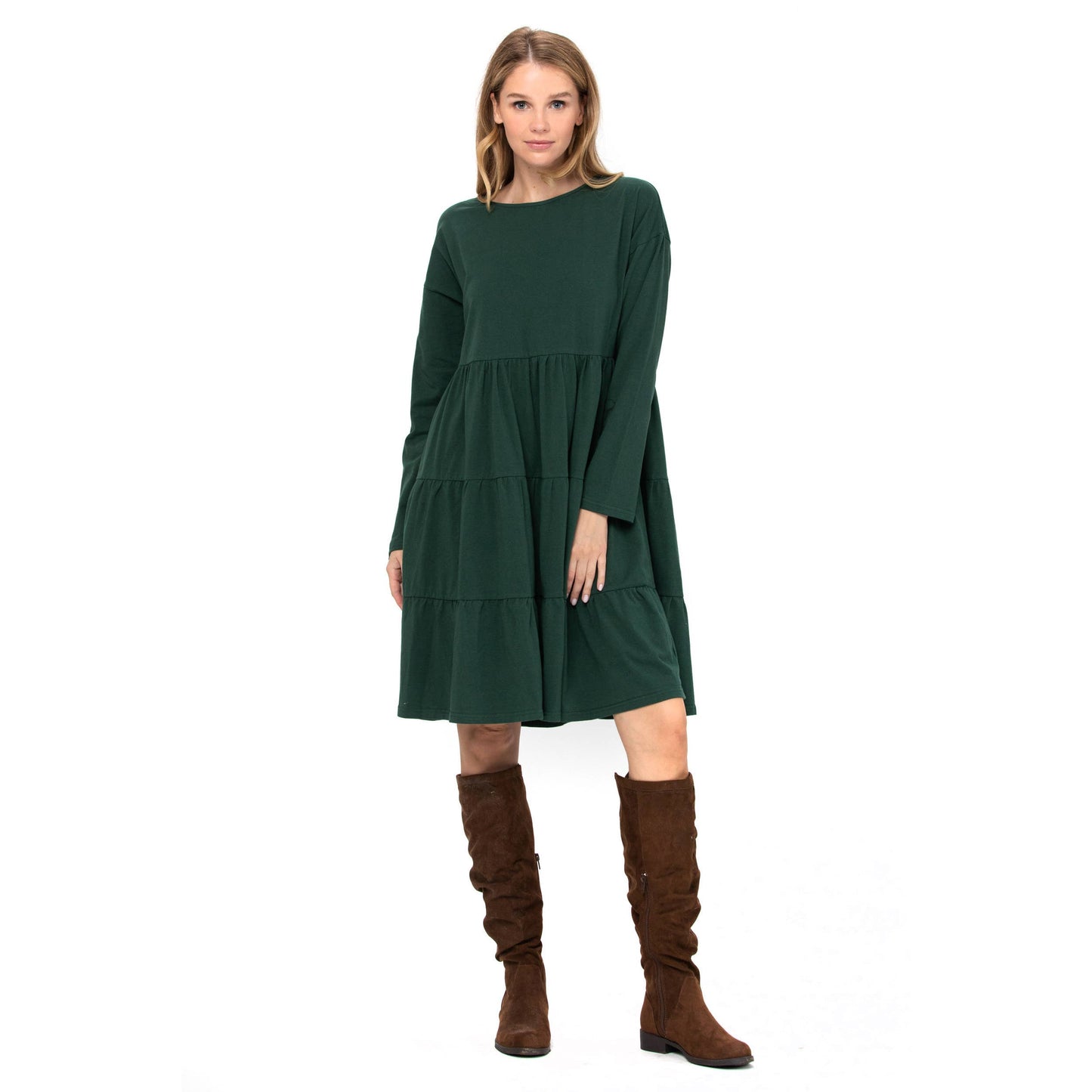 3 Tiered Casual Flared Cotton Mini Dress Long Sleeve: Teal