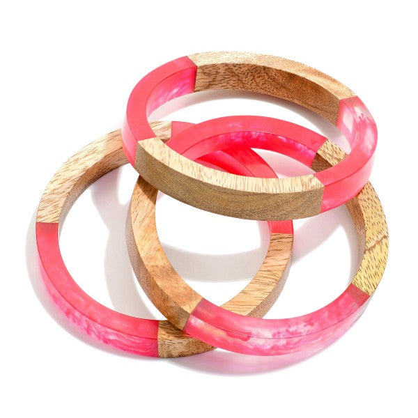 Set Of 3 Chunky Wood And Resin Bracelet