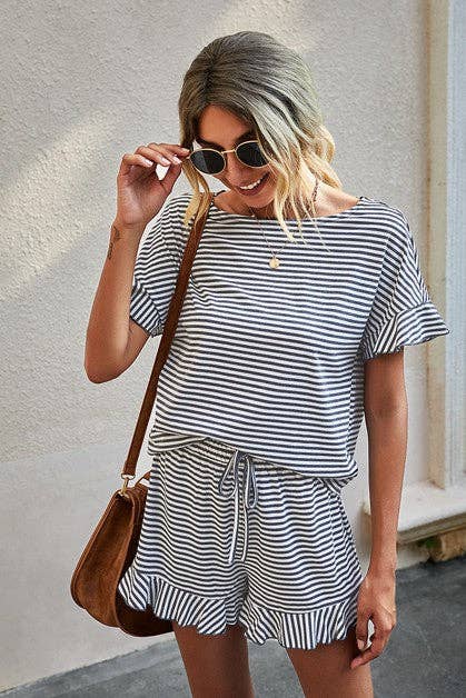 Round Neck Striped Top Short Set: GREY STRIPE