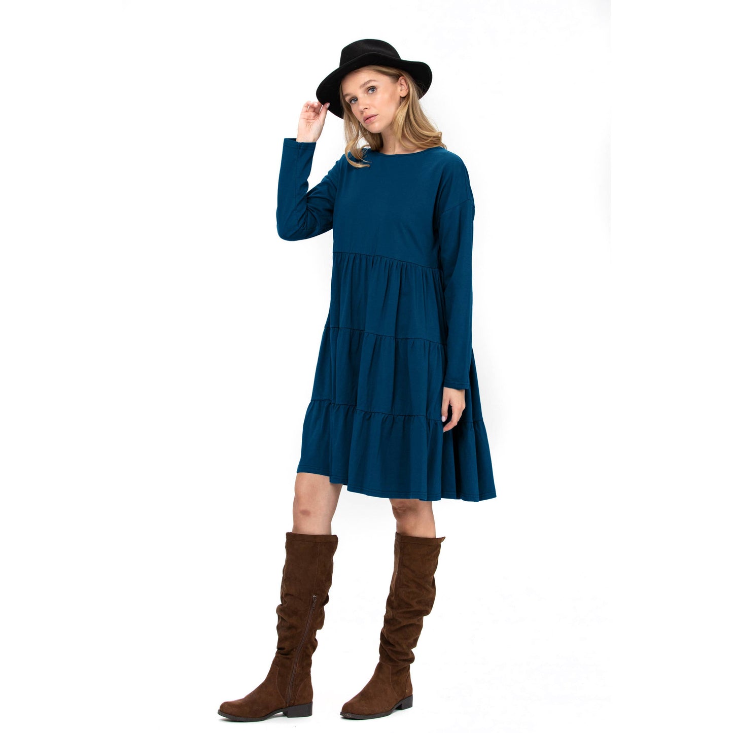 3 Tiered Casual Flared Cotton Mini Dress Long Sleeve: Teal