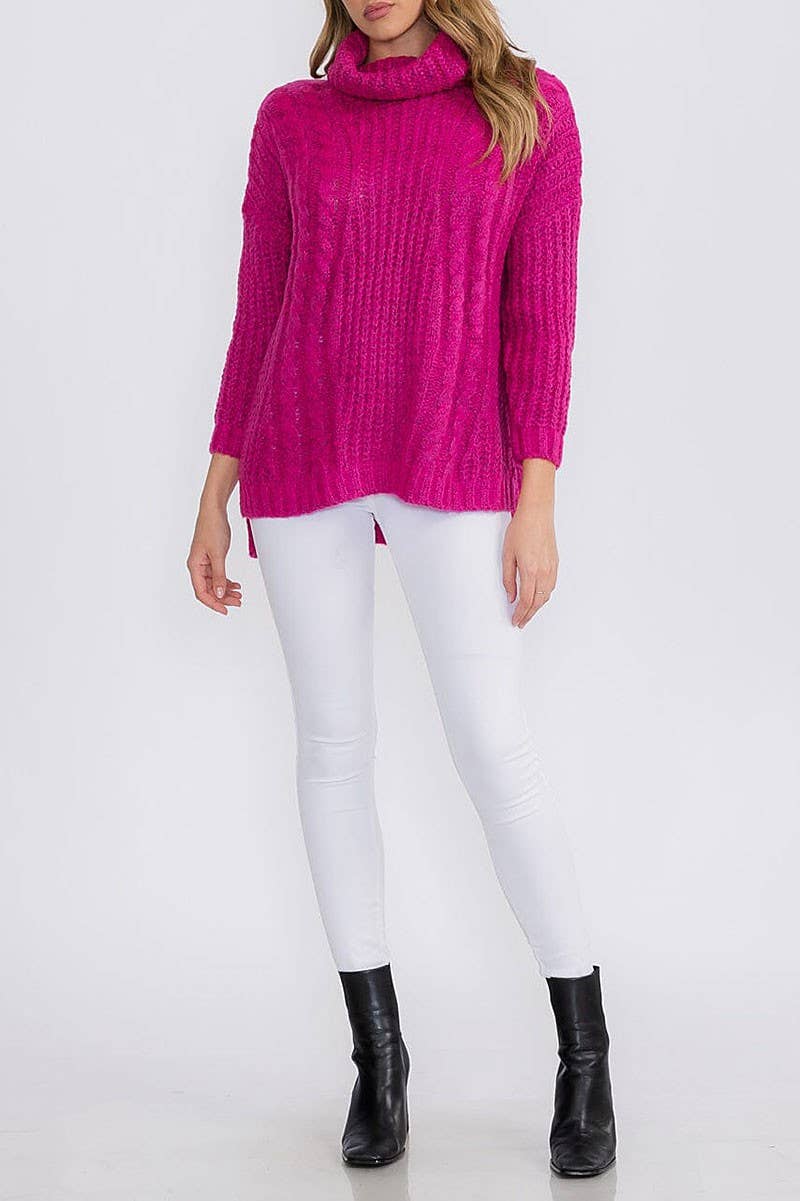 LONG SLEEVES PULLOVER TURTLE NECK SWEATER: FUCHSIA