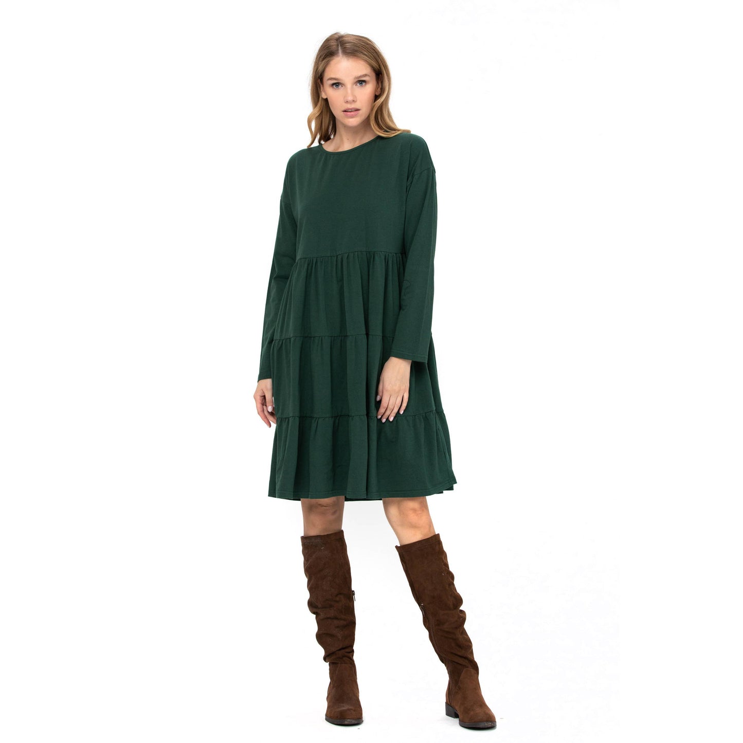 3 Tiered Casual Flared Cotton Mini Dress Long Sleeve: Teal