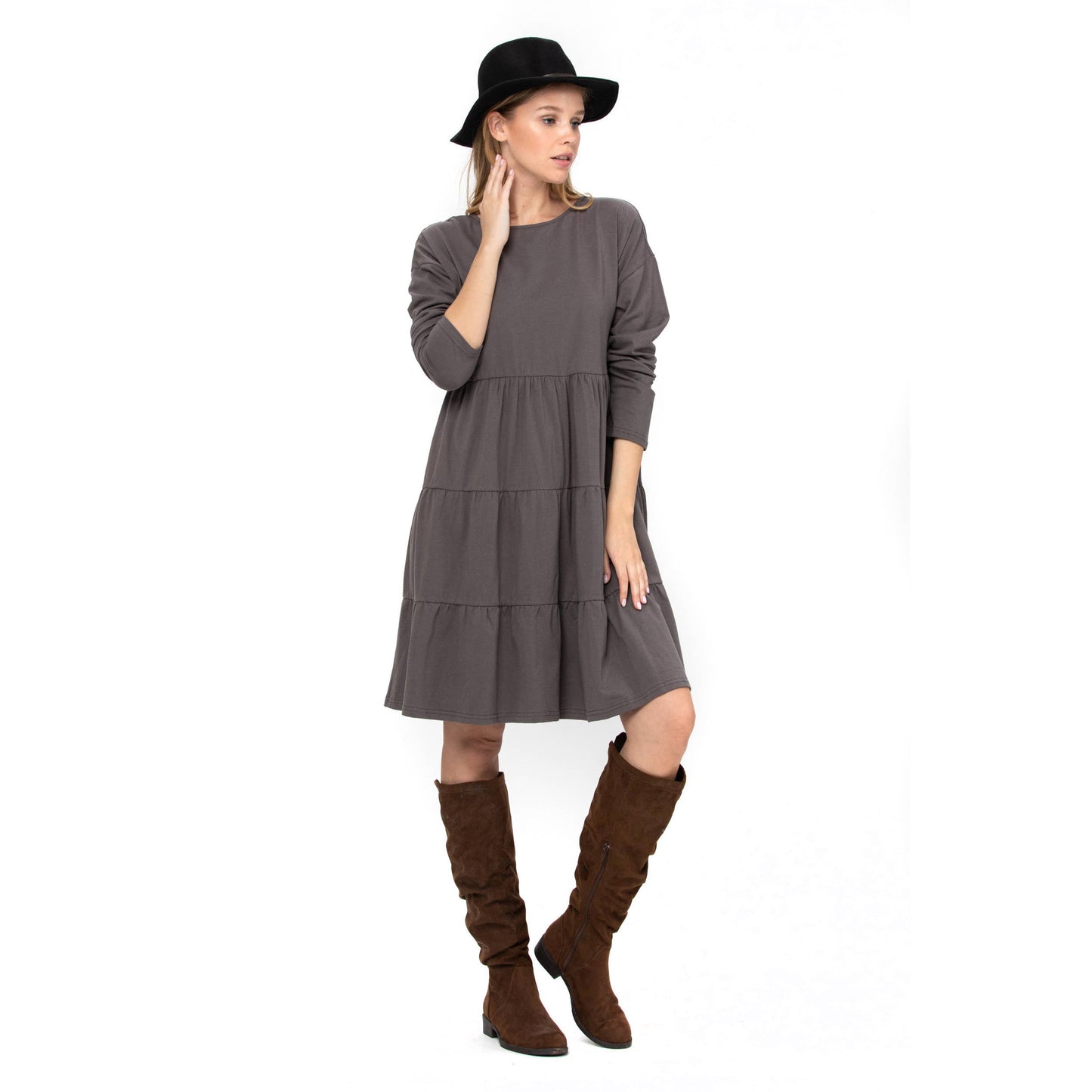 3 Tiered Casual Flared Cotton Mini Dress Long Sleeve: Teal