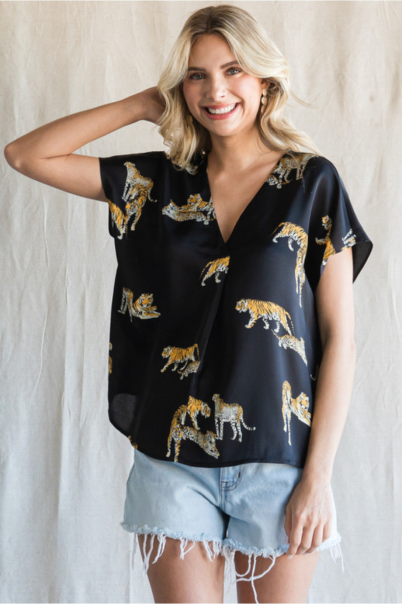 SALE! Jodifl Satin Animal Print Top Black