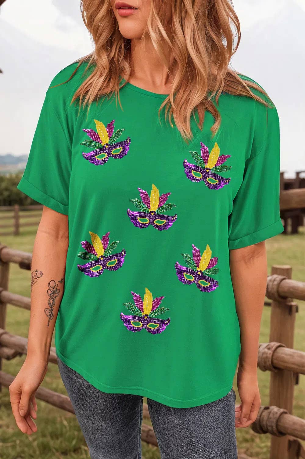 Sequin Mardi Gras Mask Patched Tee