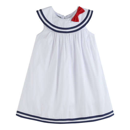 White and Navy Swing Dress with Bow: 5Y
