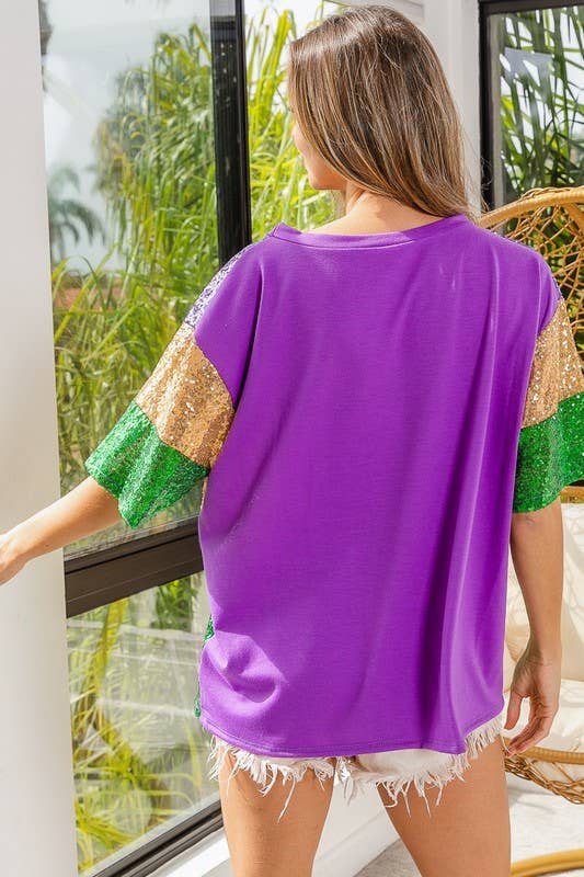 Mardi Gras Sequin Color Block Half Sleeves Top