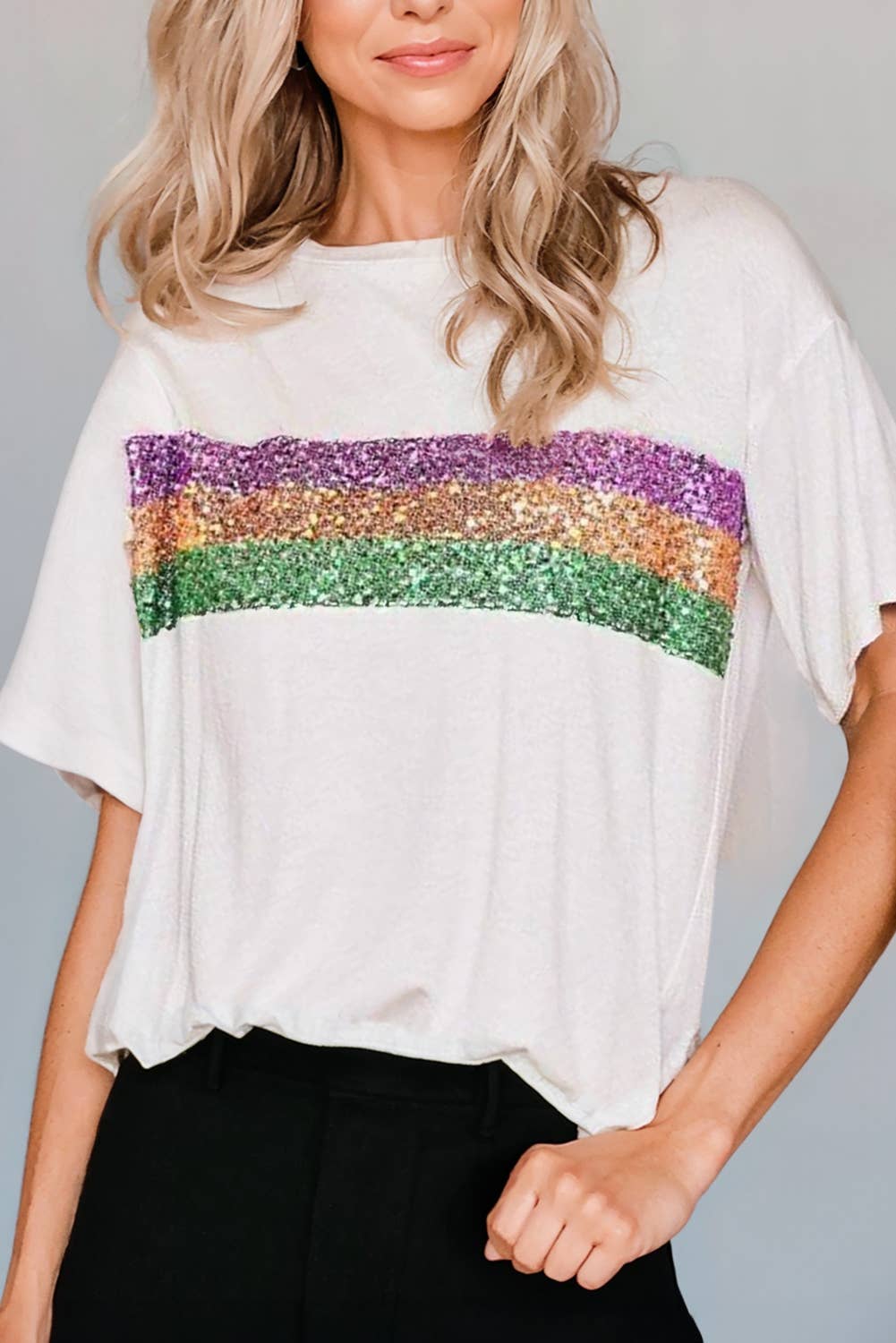 Mardi Gras Striped Sequin Graphic T-shirt