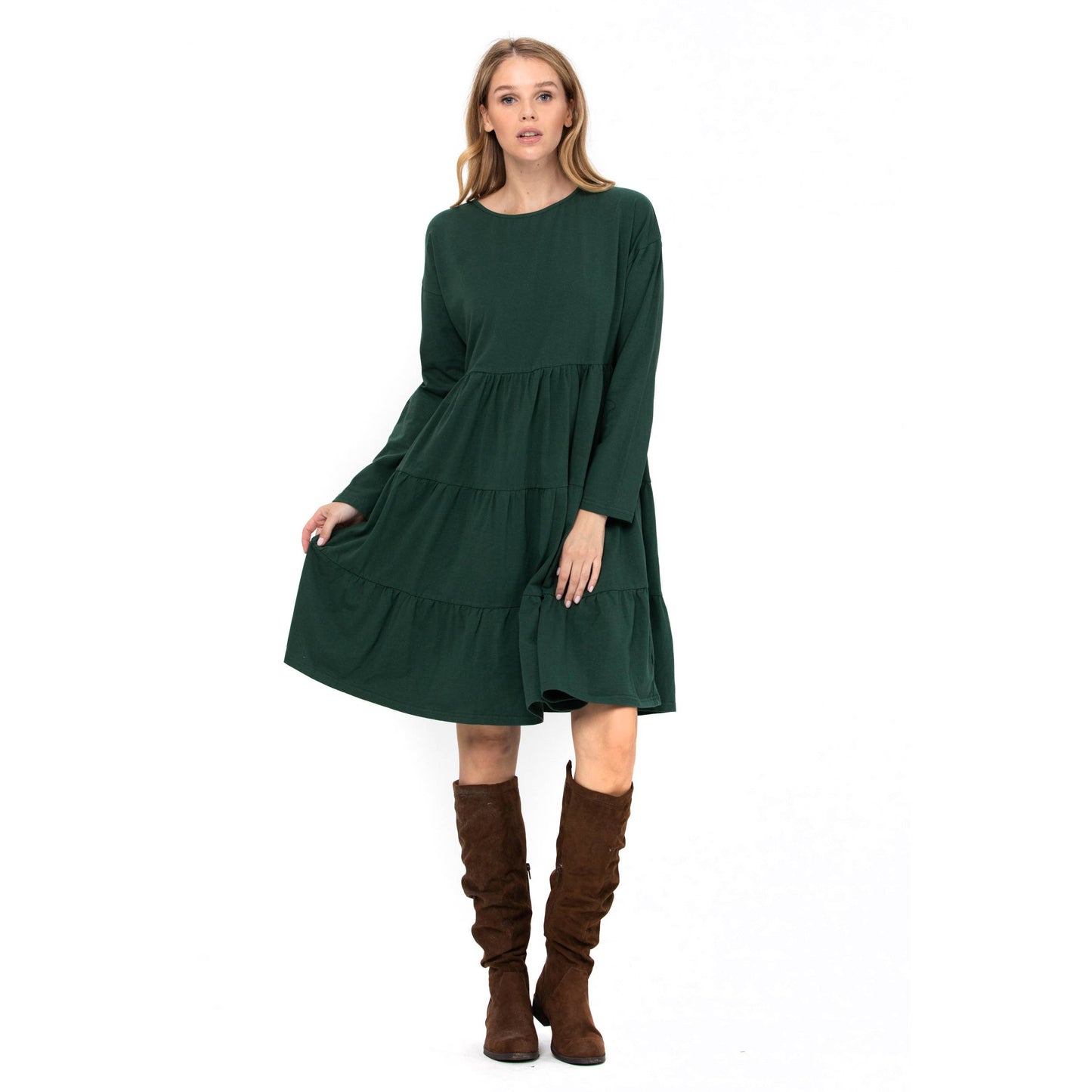 3 Tiered Casual Flared Cotton Mini Dress Long Sleeve: Teal