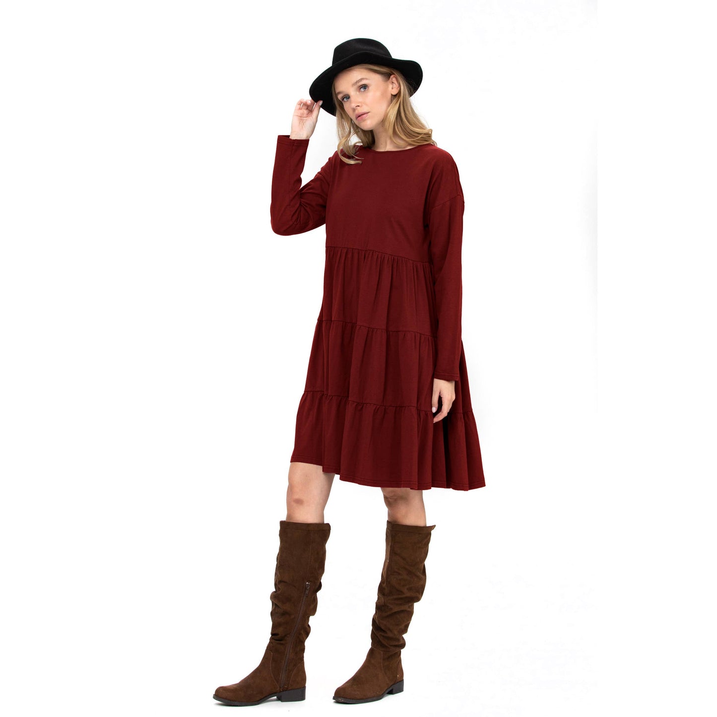 3 Tiered Casual Flared Cotton Mini Dress Long Sleeve: Teal