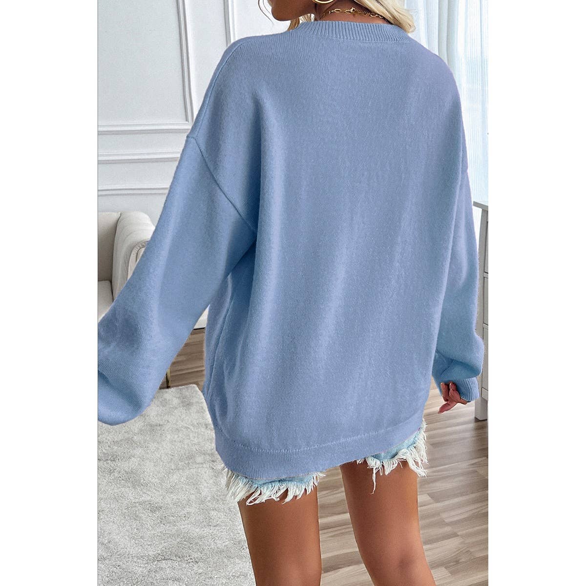 Knit Round Neck Flag Print Loose Fit Sweater: BLUE
