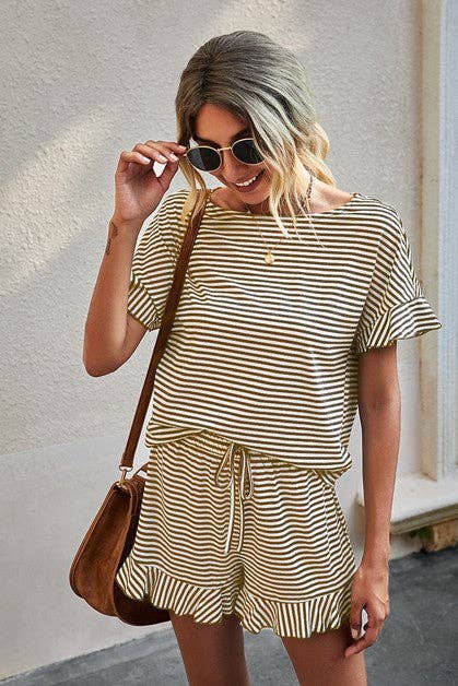 Round Neck Striped Top Short Set: GREY STRIPE