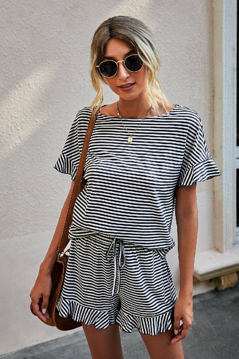 Round Neck Striped Top Short Set: GREY STRIPE