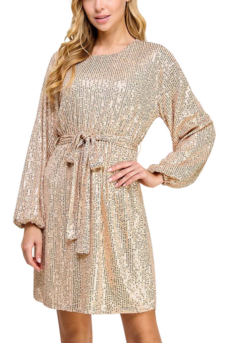 Long Sleeve Sequin Dress: GOLD