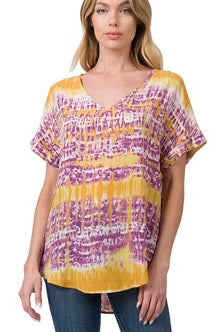 Woven wool Dobby print rolled sleeve v neck top purple and gold