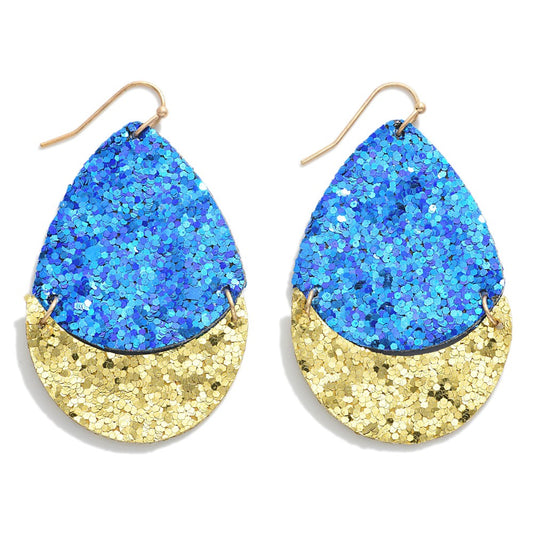 Blue/Gold Linked Glitter Teardrop Game Day Drop Earrings.
- Approximately 2" L
