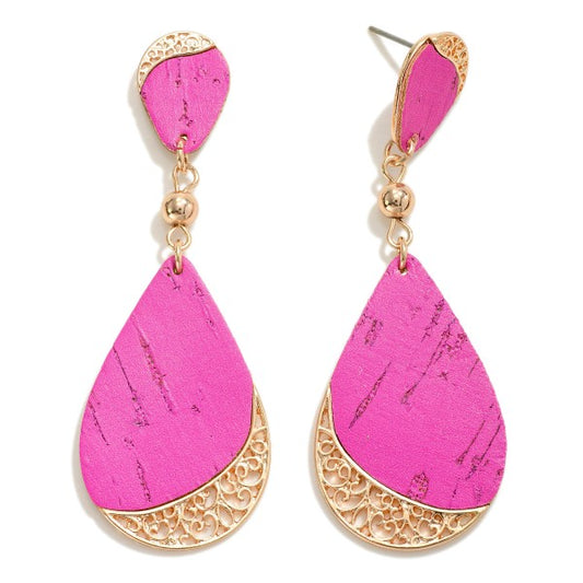 Pink Filigree Accented Printed Cork Teardrop Earrings
- Approximately 2.5" L