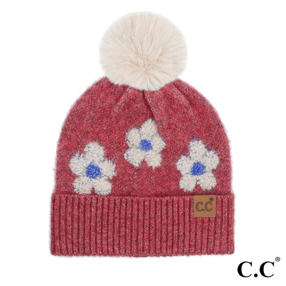 Daisy Pattern Beanie With Pom