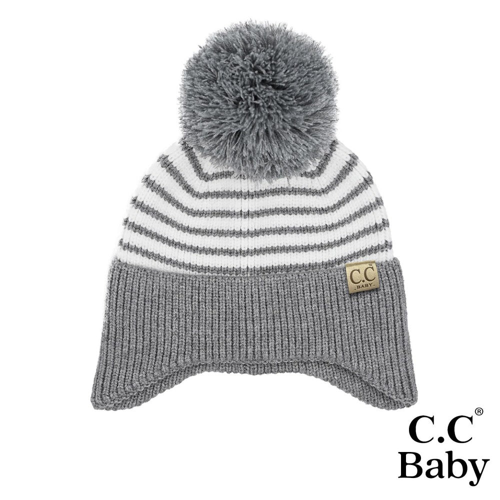 Baby Stripe Earflap Yarn Pom Beanie
7201125