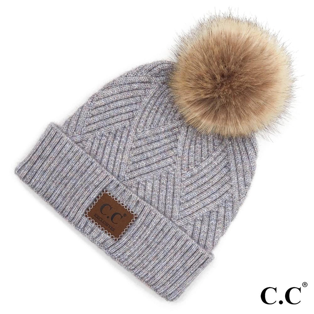 CC Beanie Diagonal Pattern Pom Beanie