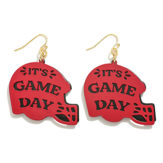 Red/Black Layered Metal 'It's Game Day' Football Helmet Earrings