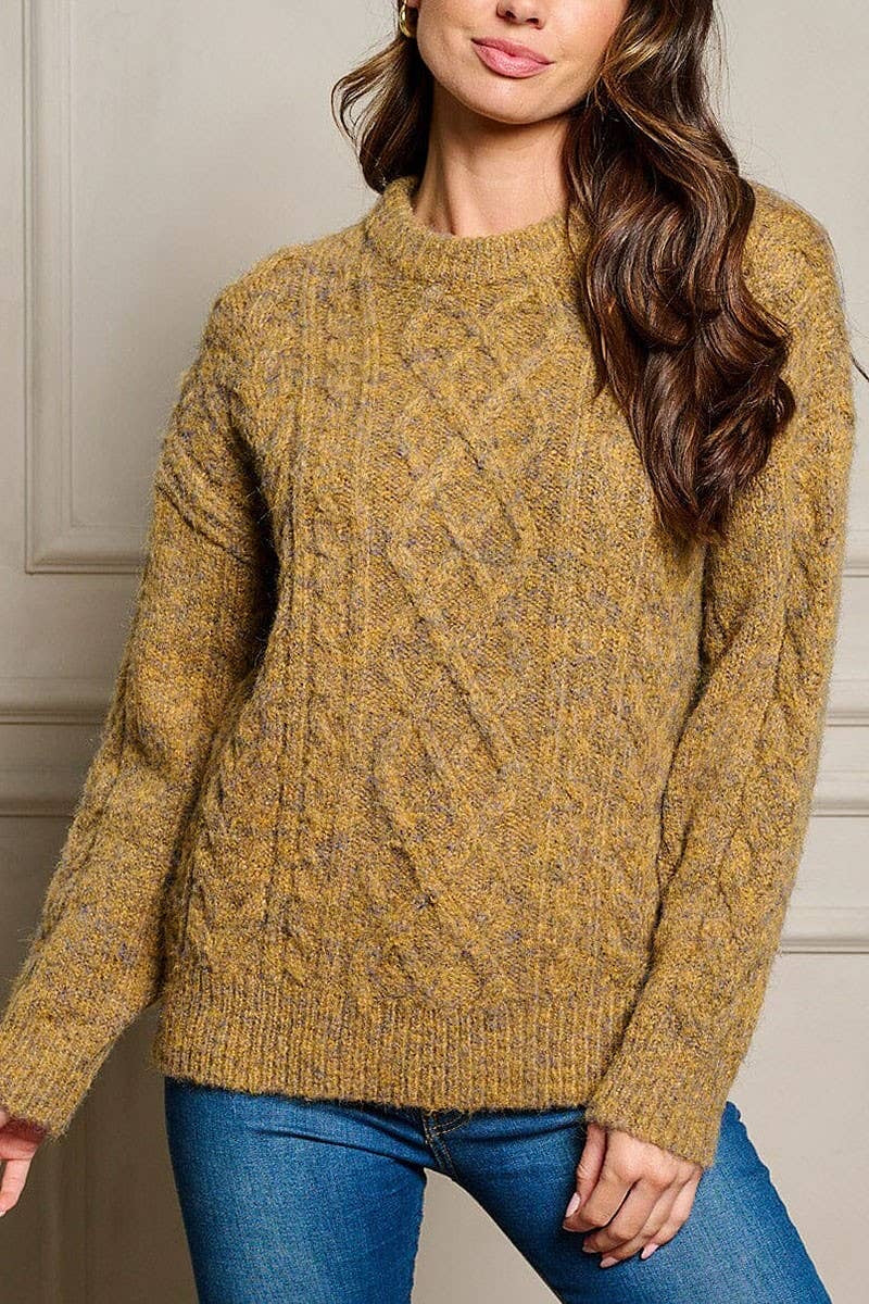 LONG SLEEVE FUZZY PULLOVER SWEATER: Mustard
