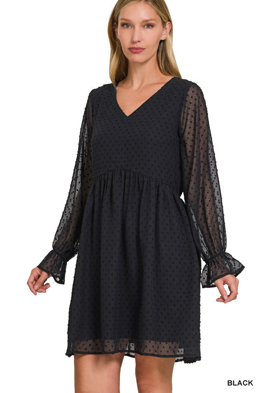 SALE! SWISS DOT LONG SLEEVE V-NECK DRESS