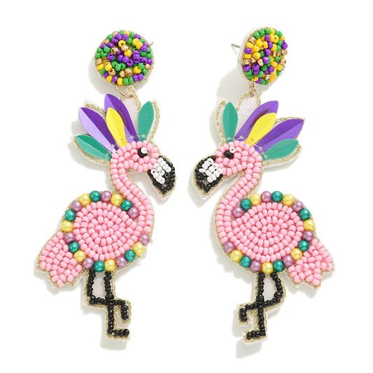 Pink Flamingo Mardi Gras Seed Bead Earrings