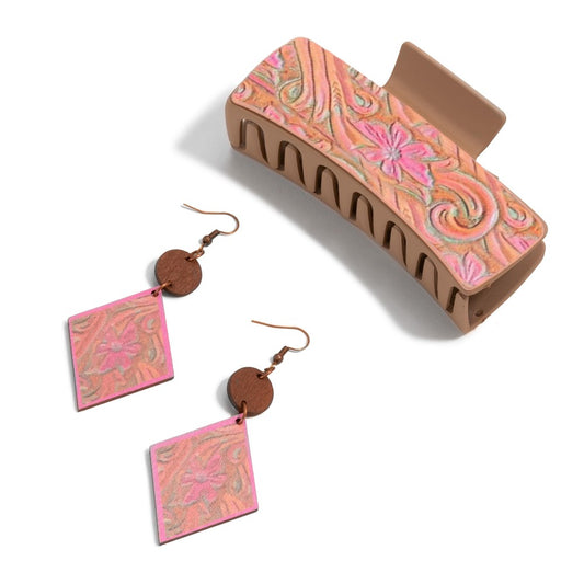 Matching Teardrop Earring And Leather Accented Claw Hair Clip