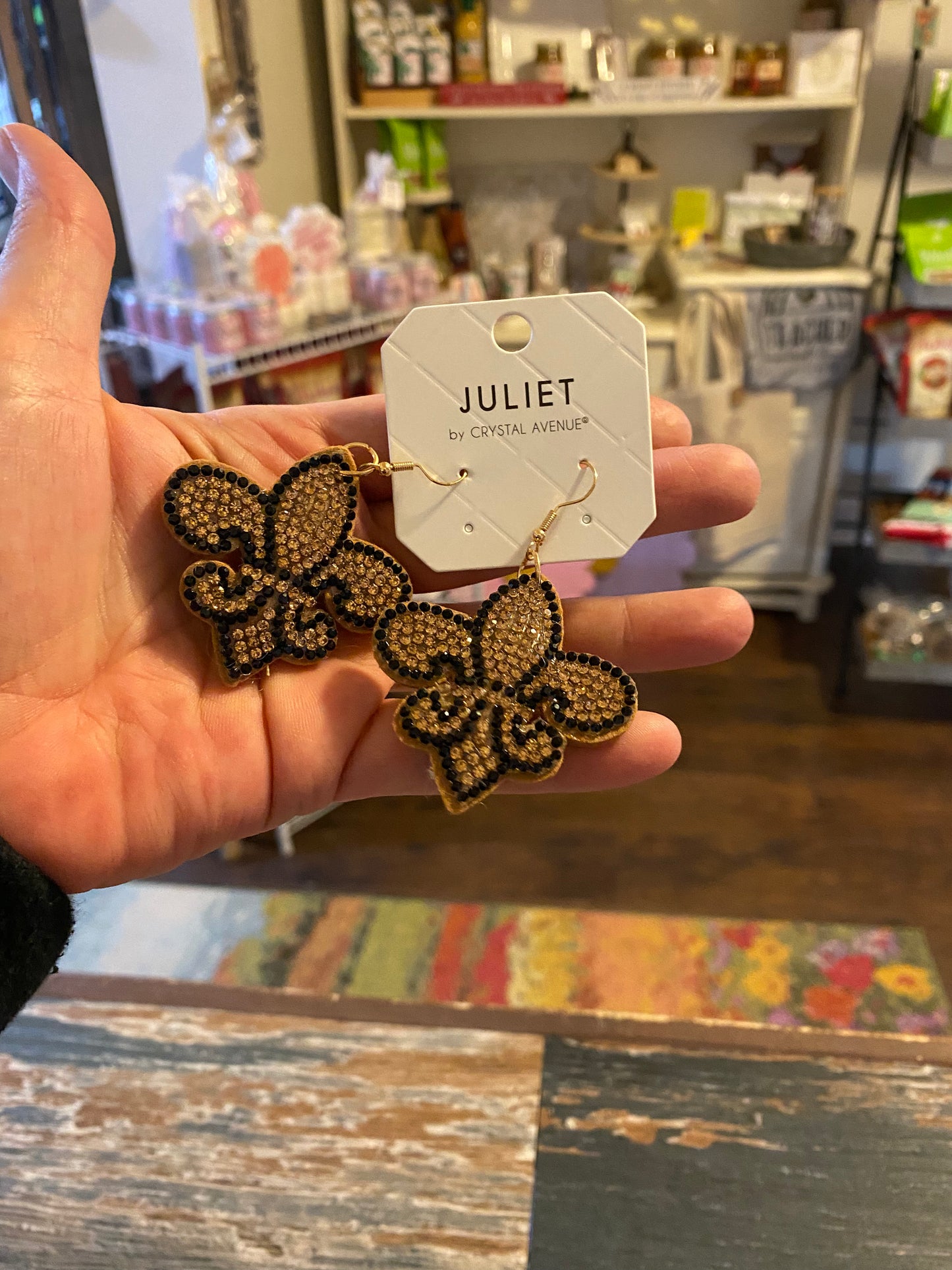 CRYSTAL AVENUE JULIET BLACK AND GOLD FLEUR-DE-LIS CRYSTAL EARRINGS