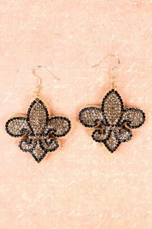 CRYSTAL AVENUE JULIET BLACK AND GOLD FLEUR-DE-LIS CRYSTAL EARRINGS
