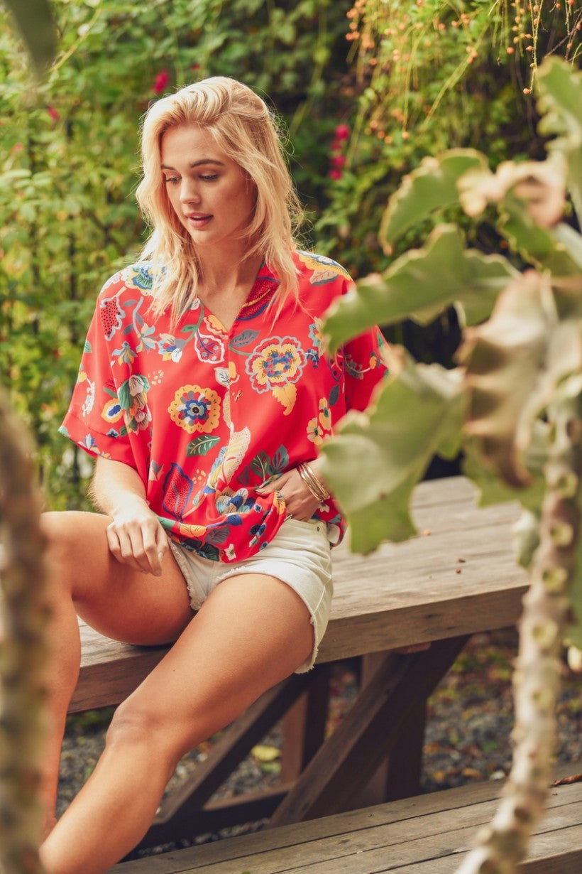 SALE! Jodifl Red Floral Boxy V-neck top