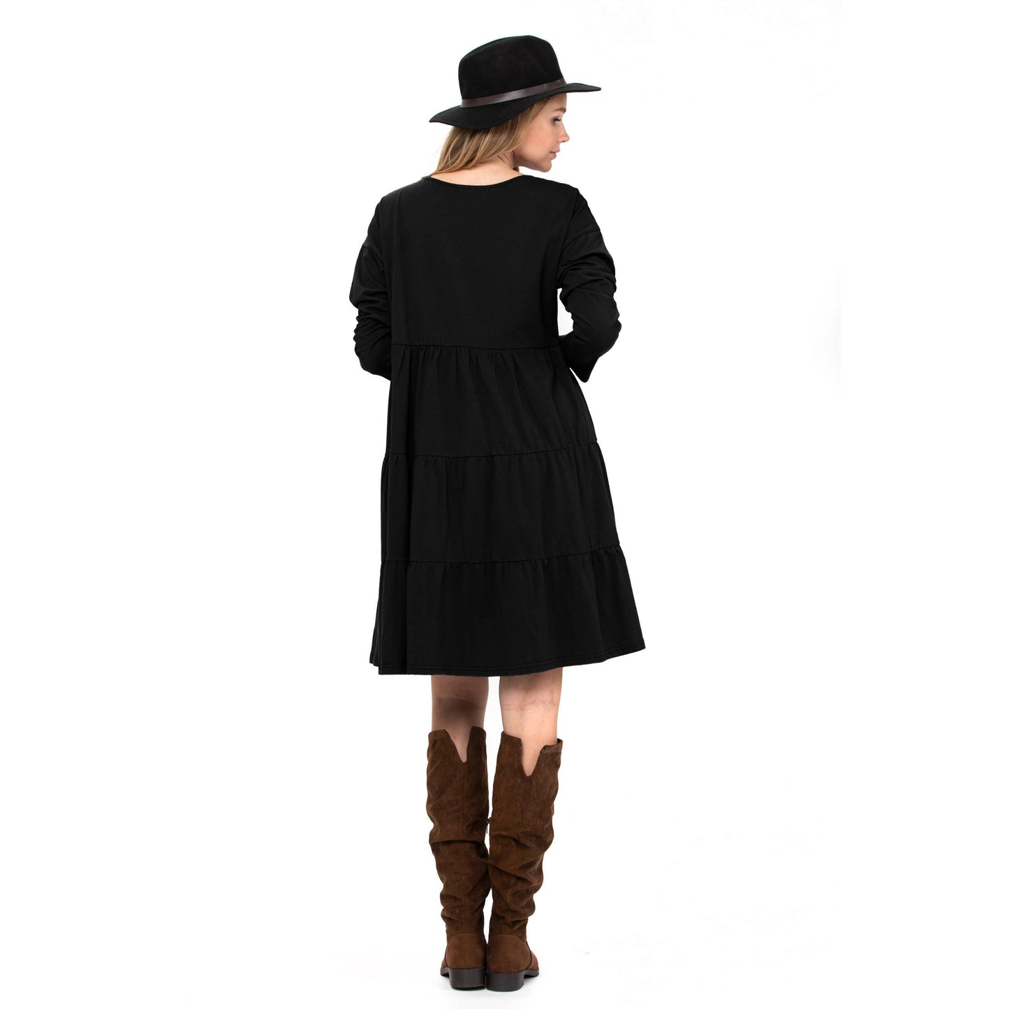 3 Tiered Casual Flared Cotton Mini Dress Long Sleeve: Teal