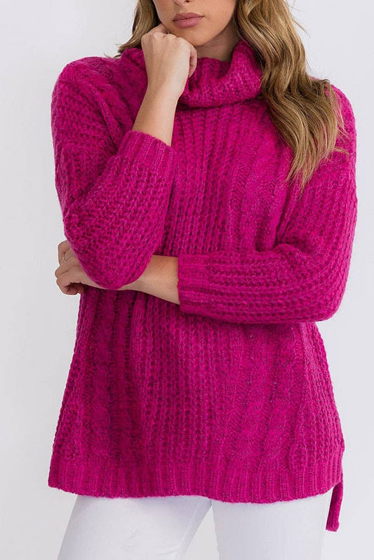 LONG SLEEVES PULLOVER TURTLE NECK SWEATER: FUCHSIA