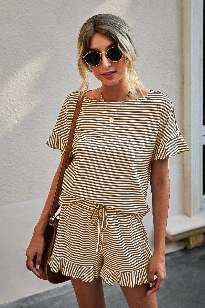 Round Neck Striped Top Short Set: GREY STRIPE