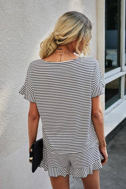 Round Neck Striped Top Short Set: GREY STRIPE