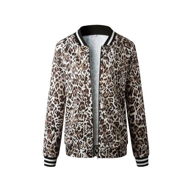 Animal Print Zip Up Long Sleeve Light Weight Bomber Jacket