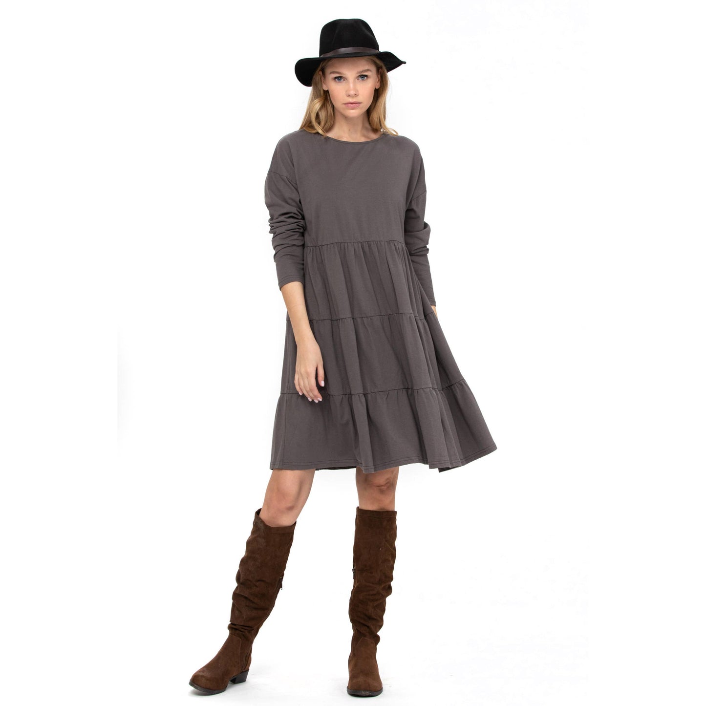 3 Tiered Casual Flared Cotton Mini Dress Long Sleeve: Teal