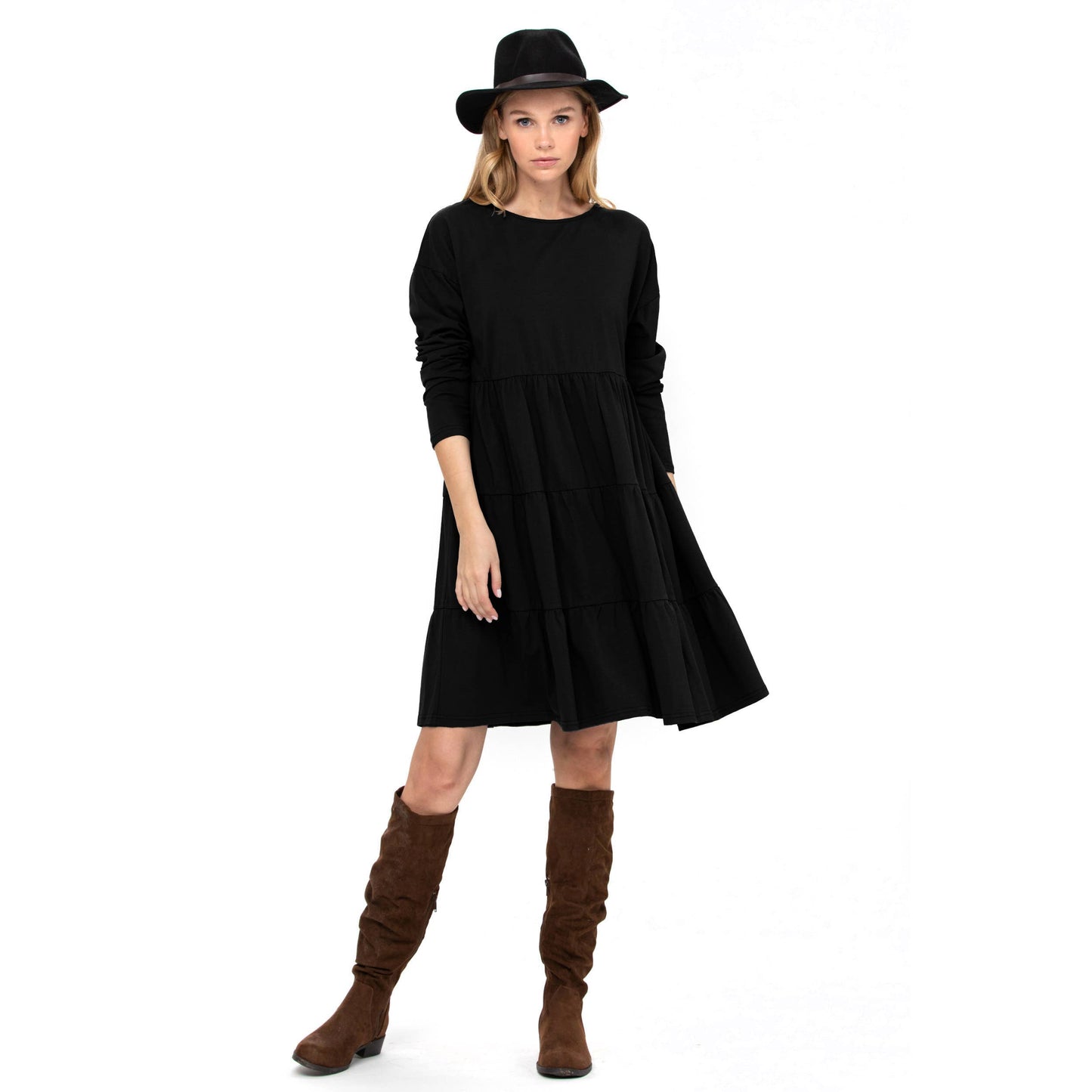 3 Tiered Casual Flared Cotton Mini Dress Long Sleeve: Teal