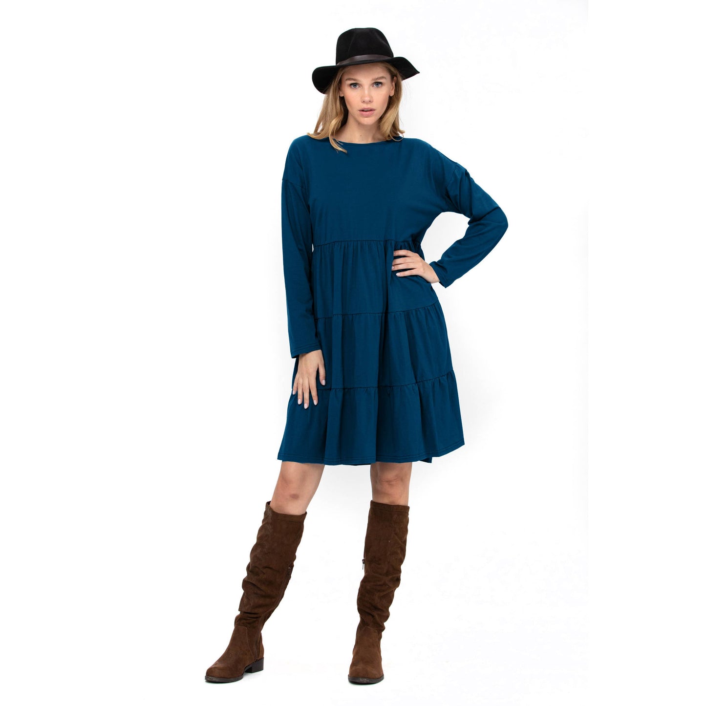 3 Tiered Casual Flared Cotton Mini Dress Long Sleeve: Teal