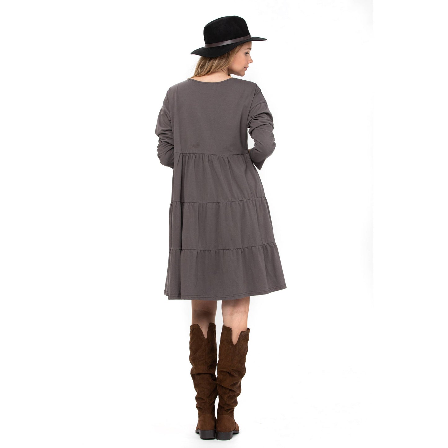 3 Tiered Casual Flared Cotton Mini Dress Long Sleeve: Teal