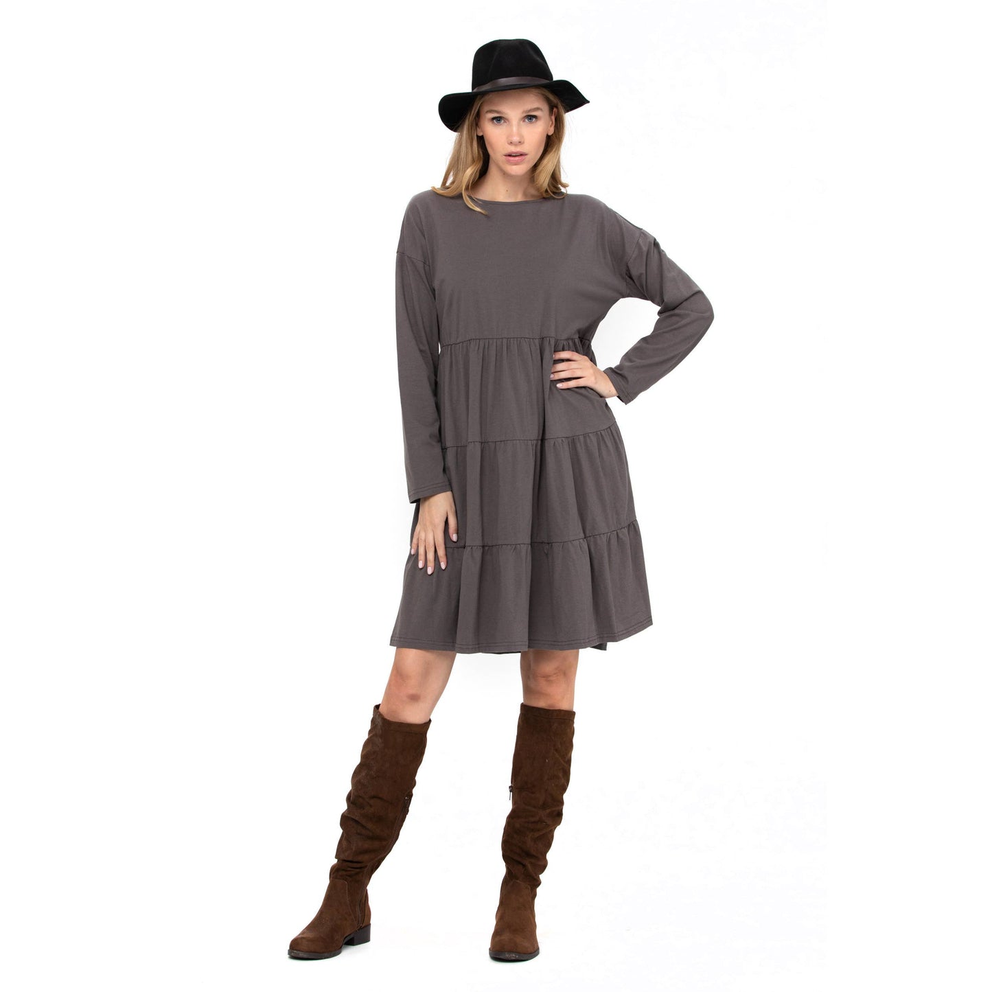 3 Tiered Casual Flared Cotton Mini Dress Long Sleeve: Teal