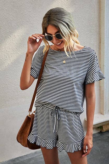 Round Neck Striped Top Short Set: GREY STRIPE