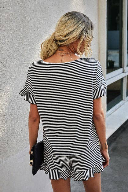 Round Neck Striped Top Short Set: GREY STRIPE