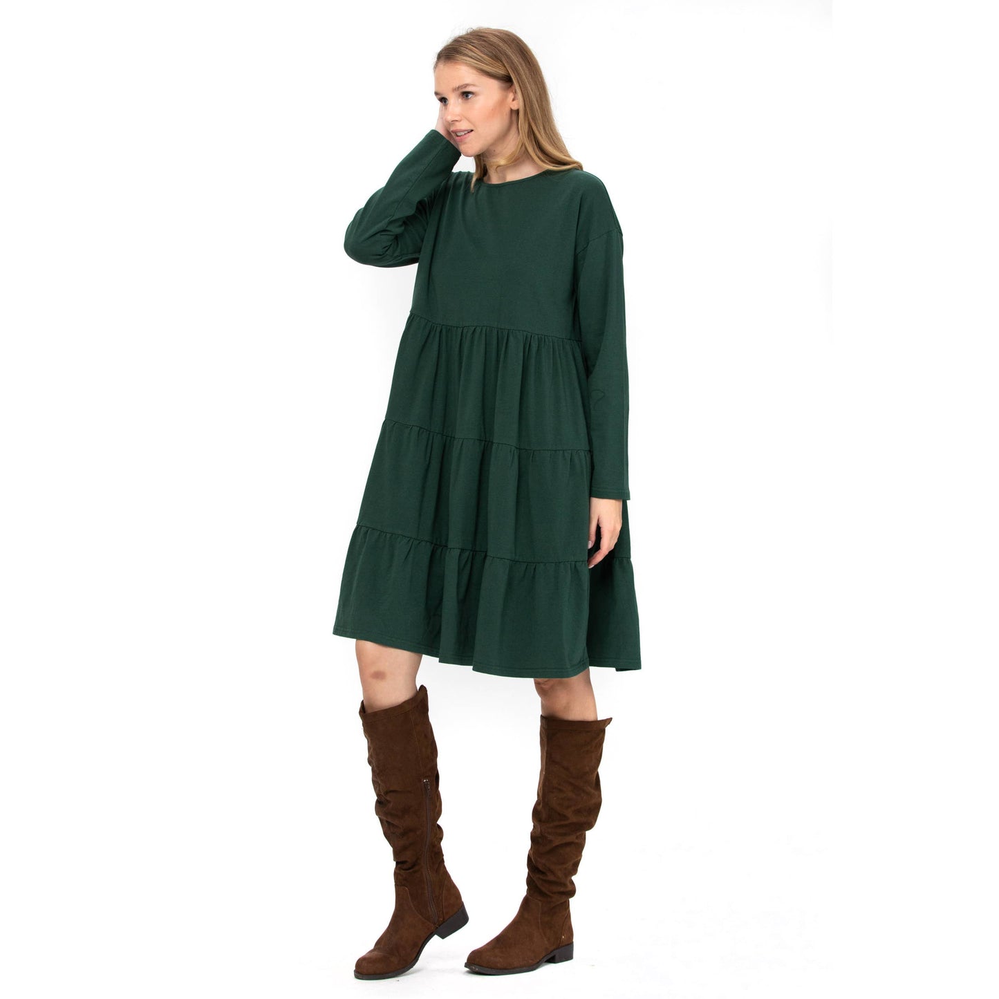 3 Tiered Casual Flared Cotton Mini Dress Long Sleeve: Teal