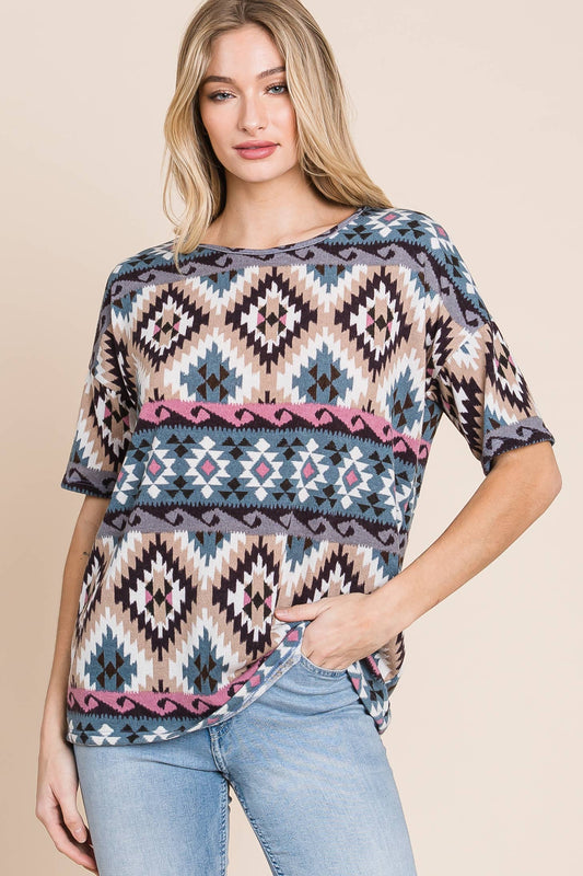 Knit Aztec short sleeve top